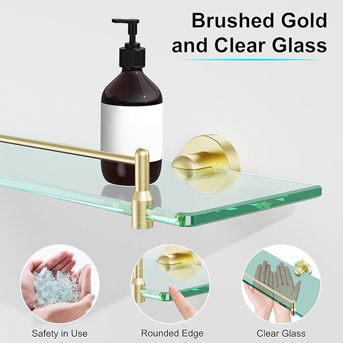 20 Inches Glass Shelves for Bathroom, Brushed Gold Floating Glass Shelf Stainless Steel Tempered Glass Bathroom Shelves for Wall Mount Modern