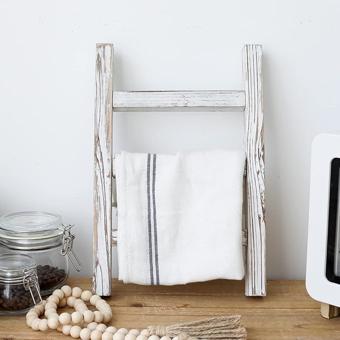 FUIN Wooden Tea Towel Ladder, Mini Ladder Towel Rack Display Hanger, Small Rustic Farmhouse Tea Towel Stand Holder for Country Bathroom Decor, White