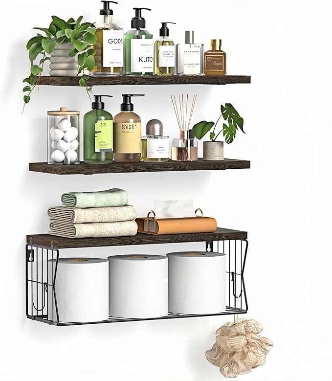 Floating Bathroom Shelves Wall Mounted - Wooden Shelf Set of 3 for Over Toilet Storage & Farmhouse Bathroom Decor - Perfect Shelving Organizer for Apartments RVs Powder Room Restroom - Rustic