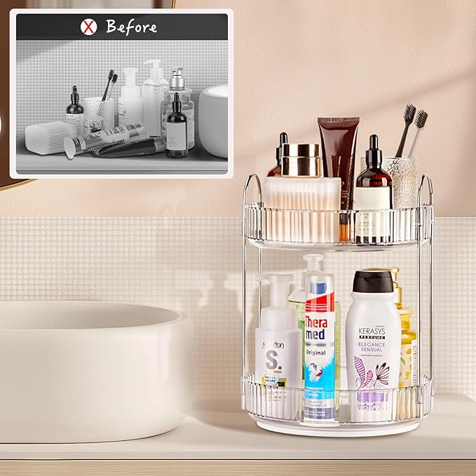 360 Rotating Makeup Organizer, 2 Tier Lazy Susan Bathroom Counter Organizer, Skincare Organizers, Spinning Perfume Organizer & Vanity Organizer Countertop (Silver Clear, 2 Tier)