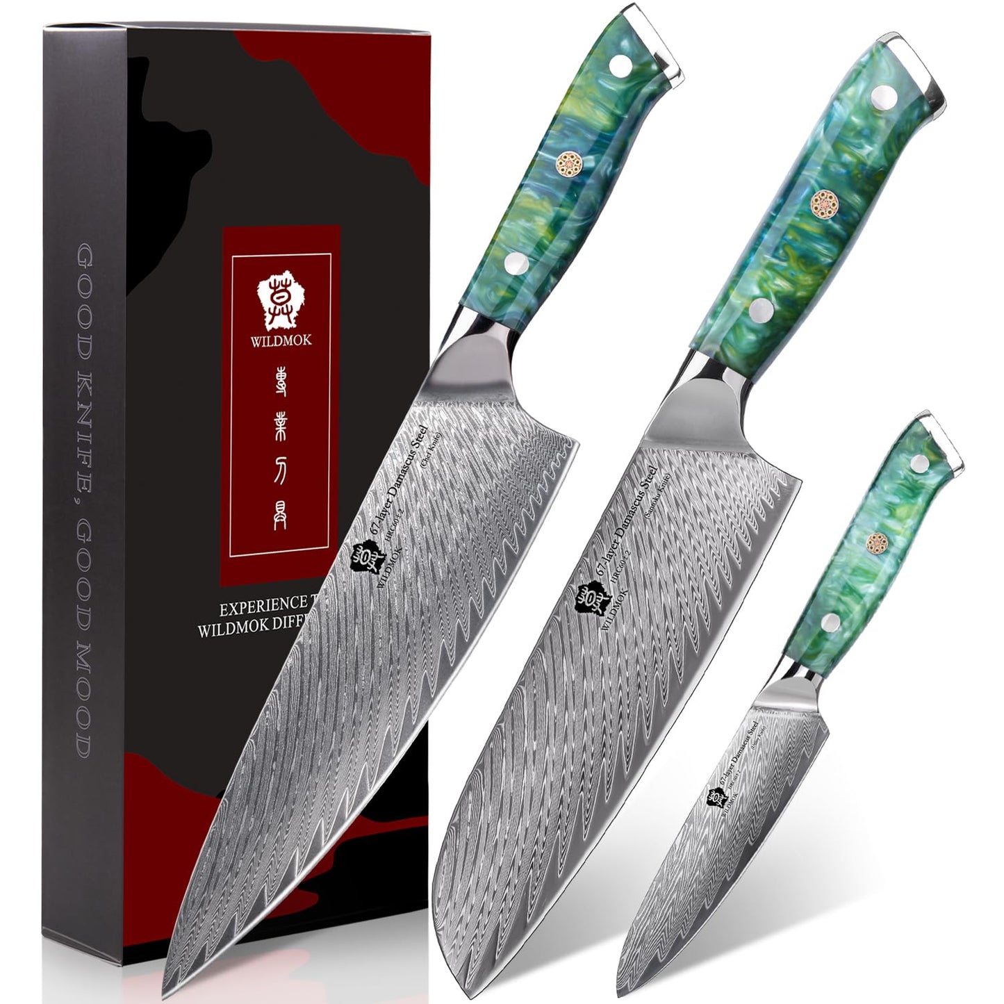 WILDMOK Damascus Kitchen Knife Set, Chef Knife Set, Sharp Damascus Steel Forged Blade Kitchen Knives Set with Ergonomic Resin Handle