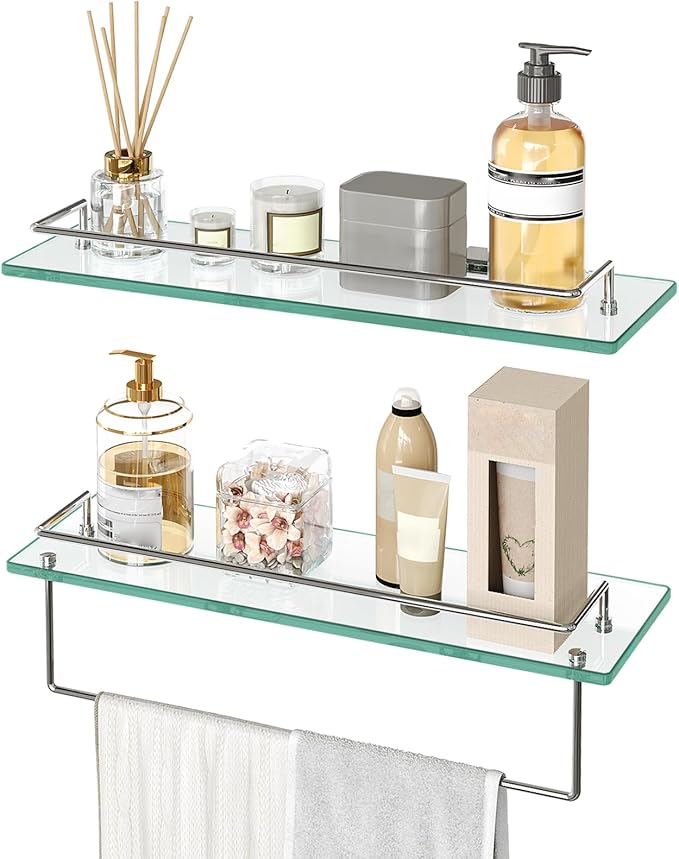 HOOBRO Glass Shelves for Bathroom, 15.7 Inch Floating Glass Shelf for Wall, Set of 2 Tempered Stainless Steel Wall Mounted Stand for Toilet, Room Decor, Silver SV02BJ01