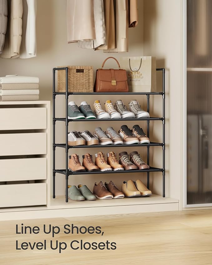 SONGMICS 4-Tier Shoe Rack, Shoe Storage for Hallway Closet, Slim and Space-Saving, Metal Frame, Non-Woven Fabric Shelves, Black ULSH044BH02