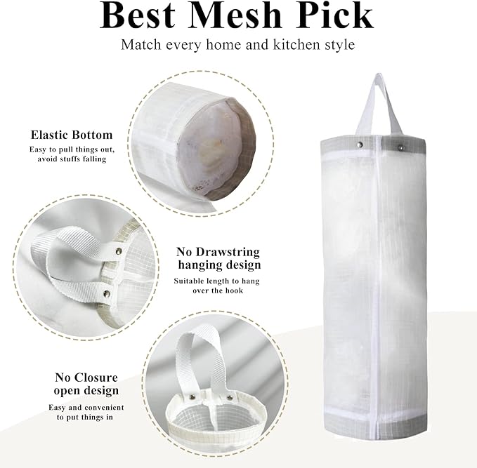 TOGETRUE Plastic Bag Holder, Mesh Grocery Bag Holder Hanging Storage Bag Dispenser (White 2 Packs)