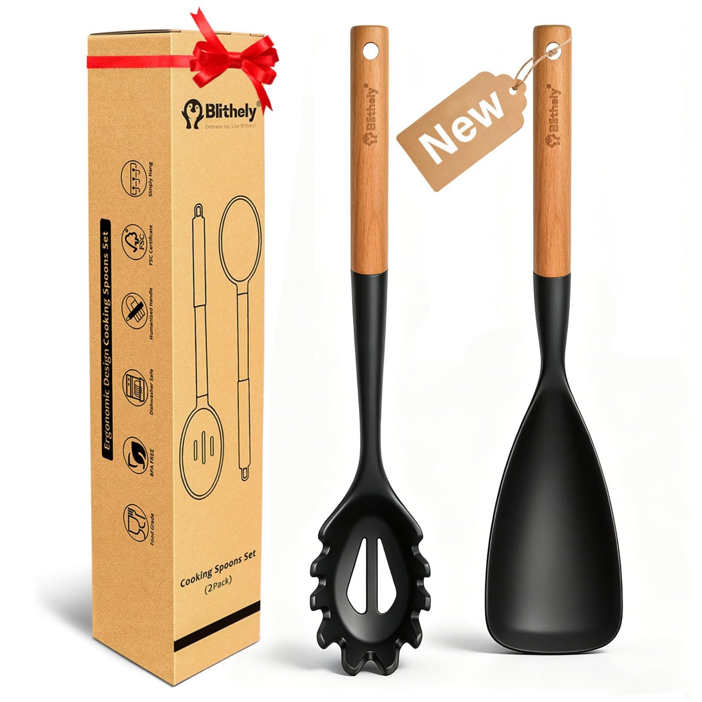 Silicone Cooking Spoon and Pasta Fork Set, 2 Pack Large Spatula Spoons Set with Wooden Handle, Nonstick Multifunction Spoon for Cooking, Serving, Mixing and Spaghetti (Black)