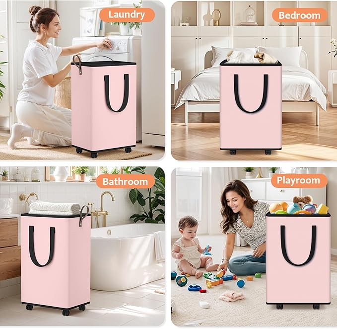 Laundry Basket with Wheels, Collapsible Laundry Baskets, Laundry Hamper with Handles Detachable Wheels, Rolling Laundry Basket, Dirty Clothes Hamper for Bathroom, Dorm, Bedroom, Pink, 80L