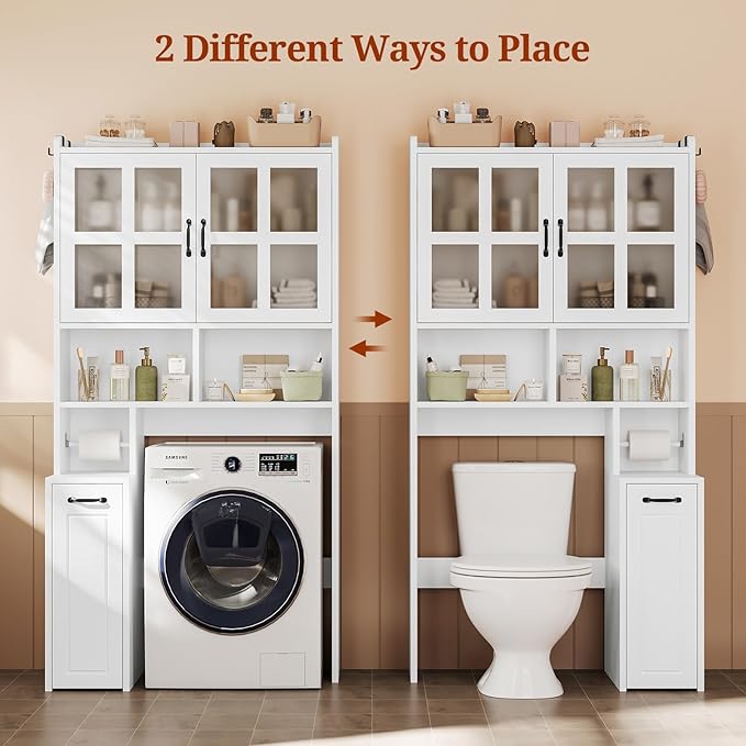 Over The Toilet Storage Cabinet with Pulley Small Bathroom Storage Cabinet, Space Saver W/Adjustable Shelf & Glass Doors for Bathroom, Restroom, Laundry (Frosted Mirror-Type B)