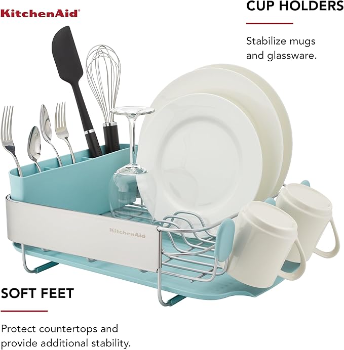 KitchenAid Compact Space Saving Rust Resistant Dish Rack with Removable Flatware Caddy and Angled Self Draining Drainboard, 12.63 x 15.87 x 5.54 Inch, Mineral Water