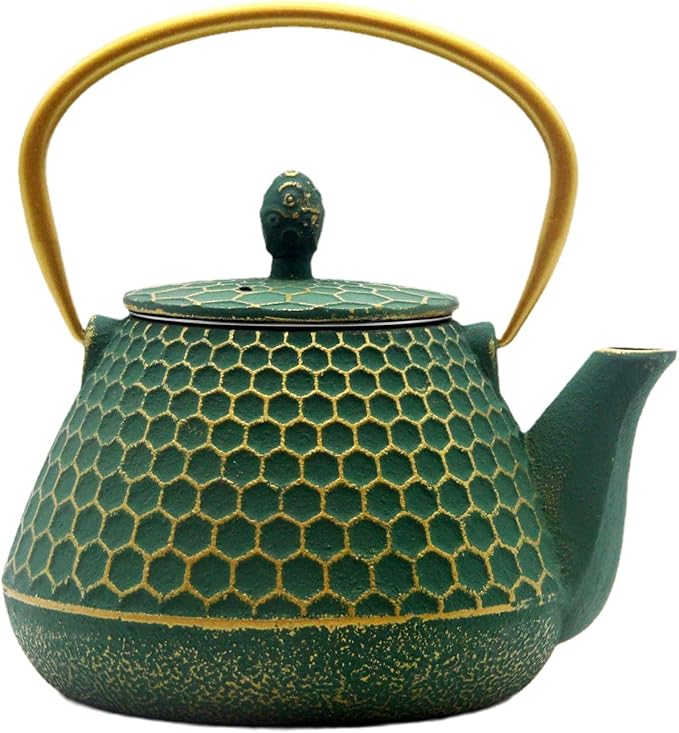 YJX Cast Iron Teapot and Tea Cups Set, 33.8oz Hexagon Pattern Tea Set with Cups and Cup Mats, Enameled Tea Kettle for Stovetop, Durable Tea Pot Set with Stainless Steel Infuser for Loose Leaf