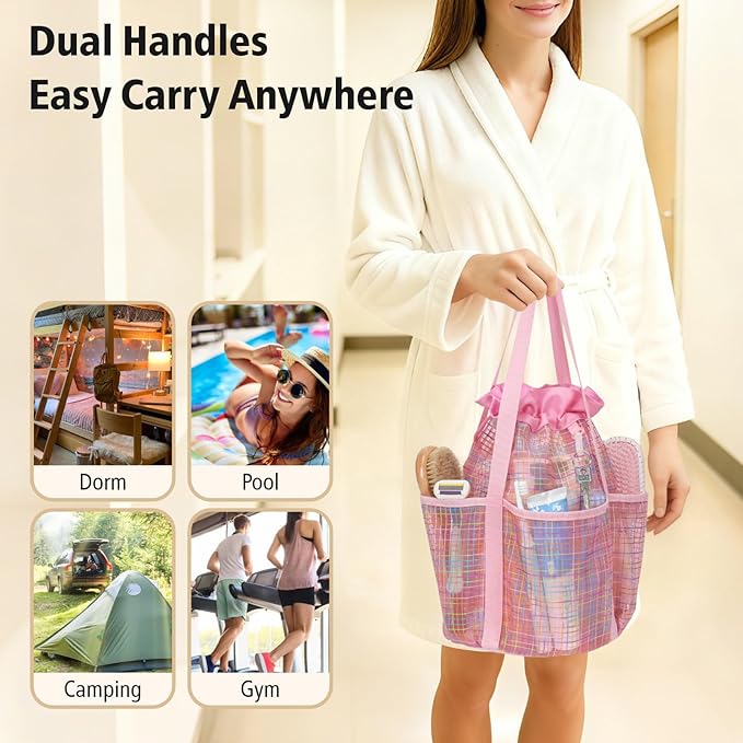 F-color Mesh Shower Caddy Portable with Drawstring - Tall 5 Pockets Dorm Room Essentials for Guys Girls with S Hook, Shower Bag Basket Tote for College Camping Travel Toiletry Bathroom, Pink Grid