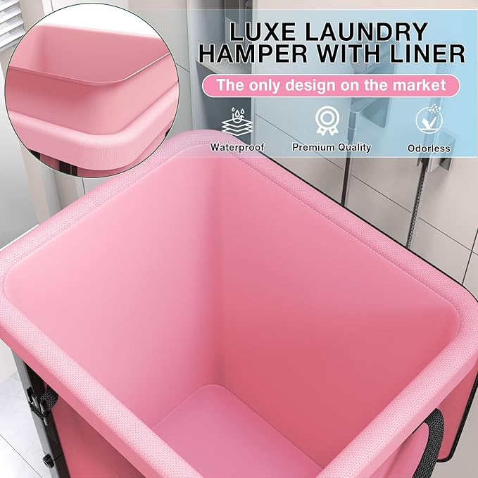 40 Gal(150L) High Grade Large Laundry Basket with Wheels, Rolling Laundry Hamper, Laundry Cart with Metal Frame and Removable Bag Design, Suitable for Laundry Room, Bedroom (Pink, 150L)