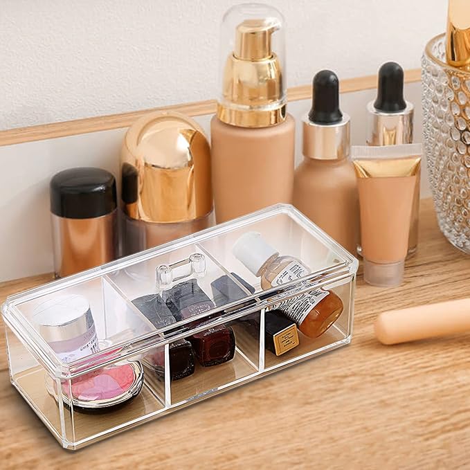 Square Qtip Holder Dispenser, 3 Compartments Cotton Ball Holder, Bathroom Canisters for Cotton Swab, Ball, Cottons Pad Organizer, Clear Acrylic Containers with Lid for Bathroom Vanity Countertop