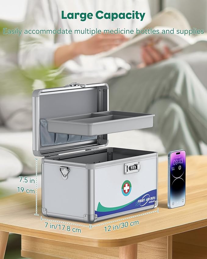 Uniclife Medicine Lock Box First Aid Box with Combination Lock, Handle & Shoulder Strap, Portable Medication Lock Box, 12" x 7" x 7.5" Silver Aluminum Alloy Storage Box