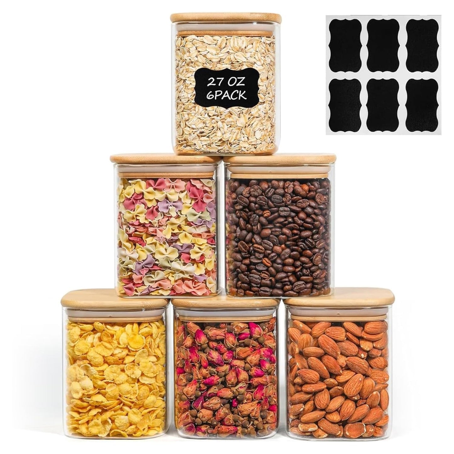 ComSaf Square Glass Containers with Lids 0.6 Qt, Set of 6 Small Glass Jars