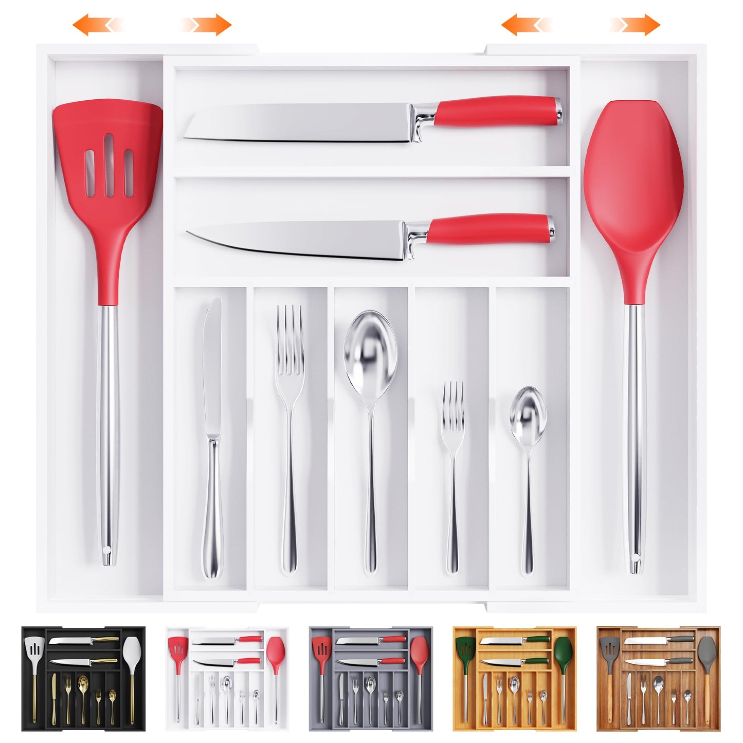 Bellsal Large Premium Acacia Wood Silverware Organizer - Expandable Utensil Drawer Organizer - 17"x19.6" Utensil Holder and Cutlery Tray with Grooved for Kitchen Flatware Utensils(7-9 Slot, Acacia)
