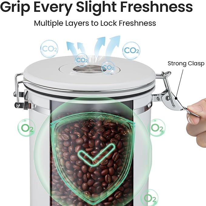 Veken Coffee Canister, 39OZ Large, Airtight Stainless Steel Food Storage Container for 2.2lbs Coffee Beans, Ground, Sugar, Tea, Flour, Cereal, Kitchen Bar Accessories with Date Tracker & Scoop, White