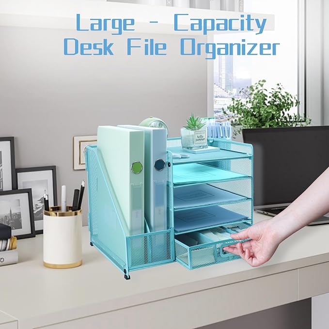 Desk Organiser File Holder With 2 Pen Holder, 5 Tier Paper Letter Tray Organiser with Drawer,Mesh Desktop Storage with Magazine Holder for Office Supplies, Sky Blue