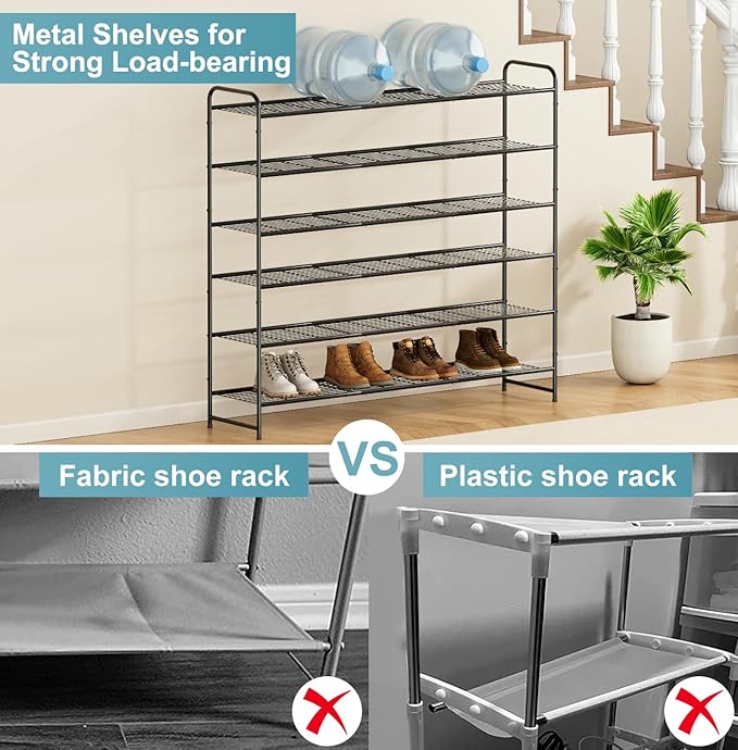 AOODA Long 6 Tier Metal Shoe Rack for Closet Wide Stackable Shoe Storage Organizer for Entryway, Bedroom, Floor, 42-Pairs Men Sneakers Shoe Shelf with Wire Grid, Black