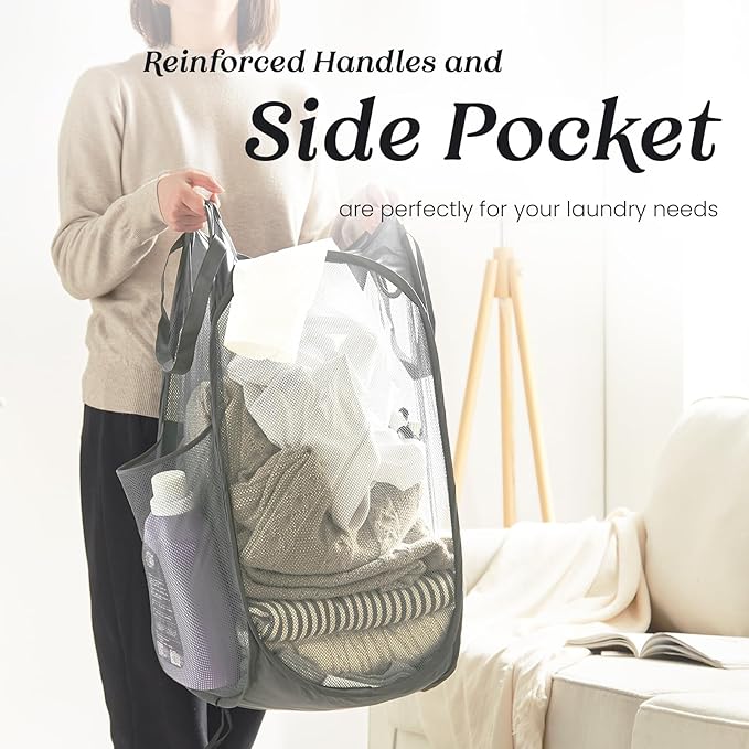 TECHMILLY Collapsible Mesh Pop Up Laundry Hamper with Sturdy Handles and Side Pocket - Portable Foldable Clothes Baskets for Dorm, Bathroom & Travel Storage (Grey, 3 Packs)