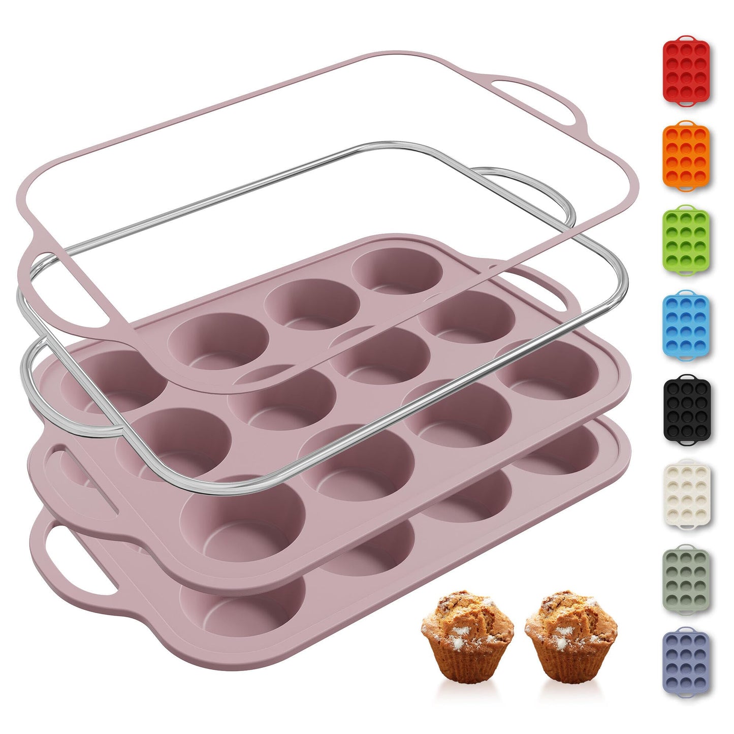 2 Packs 12 Cups Silicone Muffin Pan for Baking with Metal Reinforced Frame Regular Size Cupcake Pan Tray Chocolate Egg Pizza Bites Oven Top Cookie Molds Muffin Tin Tart Pans Sheet Set Bakeware Liner