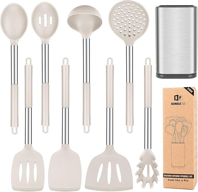 Silicone Cooking Utensils Set, 8 Pcs Kitchen Utensils with Holder, Red