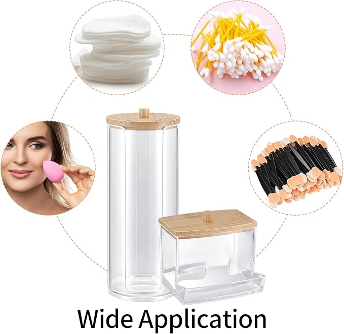 2 Pcs Cotton Pad Holder, Bathroom Makeup Organizers Containers for Cotton Ball/Swab/Round Pads/Floss/Hair Ties Canister Vanity Storage Jars Dispenser Holder wuth Bamboo Lid