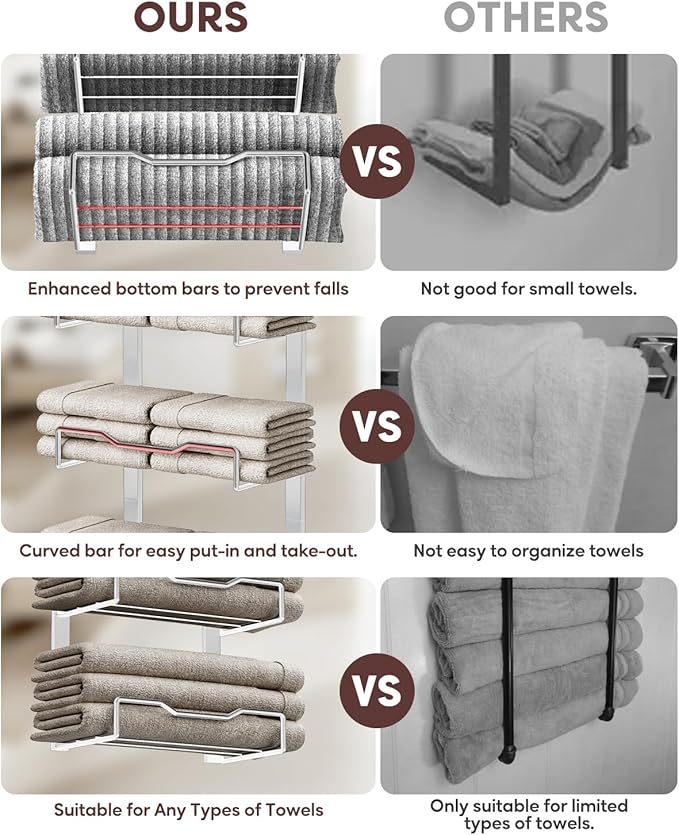 Hanging Towel Racks for Bathroom No Drill - Over The Door 6-Tier Bath Towel Storage Organizer for Small Bathrooms-Back Door Large Tiered Towel Holder Hanger for Rolled Towels RV Camper Silver