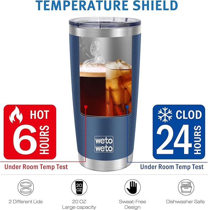 WETOWETO 20oz Tumbler with 2 lids and 2 straws, Stainless Steel Vacuum Insulated Water Coffee Tumbler Cup, Double Wall Powder Coated Spill-Proof Travel Mug Thermal Cup (Navy Blue, 1 Pack)
