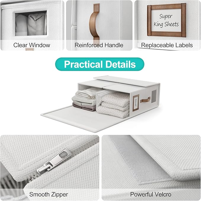 8 Pack Foldable Bed Sheets Set Organizers and Storage(Cal King Size),Linen Fabric Closet Organizers with Window,Folding Bedding Storage Box for Bedsheets and Pillow Cube Organizer-White