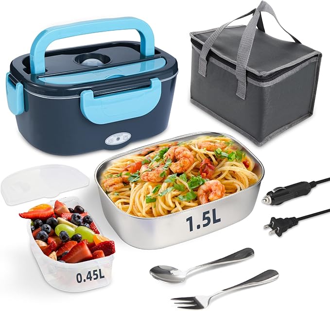 Electric Lunch Box, 12V/24V/110V Portable Food Warmer with SS Fork & Spoon for Car/Truck/Office, 80W Self Heating Lunch Box with 1.5L 304 Stainless Steel Container & 0.45L PP Fruit Box Sky Blue