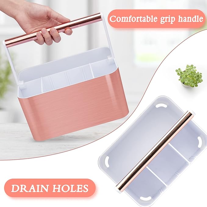Compact Shower Caddy Dorm - Portable Bathroom Caddy Organizer with Handle and Adjustable Divider for College Dorm & Shared Bathroom, Hard Plastic Shower Basket Tote for Toiletry Drainage, Pink