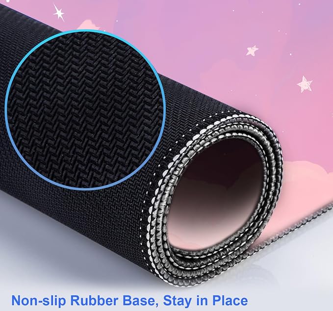 Cute Anime Cloud Desk Mat, Beautiful Pink Stitching Edge Non Slip Rubber Mouse