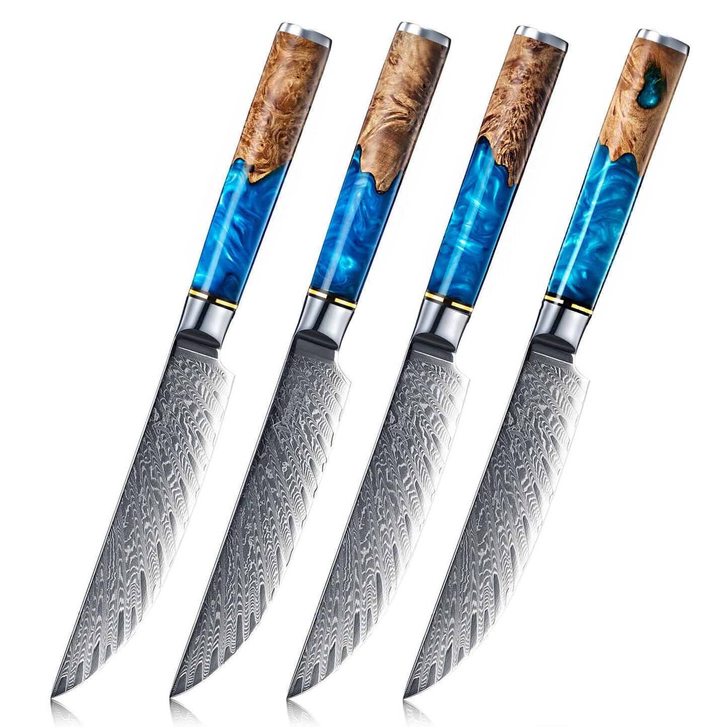 SENKEN Damascus Steak Knife Set - Black Tsunami Collection - 67-Layer Japanese VG10 Steel - Razor Sharp Non-Serrated Blades, Black Resin & Burl Wood Handles, Luxury Gift Box