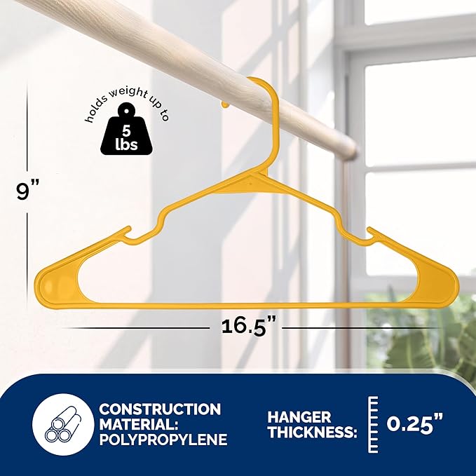 Plastic Hangers 50 Pack - Space Saving Clothes Hangers, Made in USA, Durable & Strong Plastic Shirt & Coat Hanger with Notches & Shoulder Grooves, Non-Slip Hangers | Scoreboard Yellow
