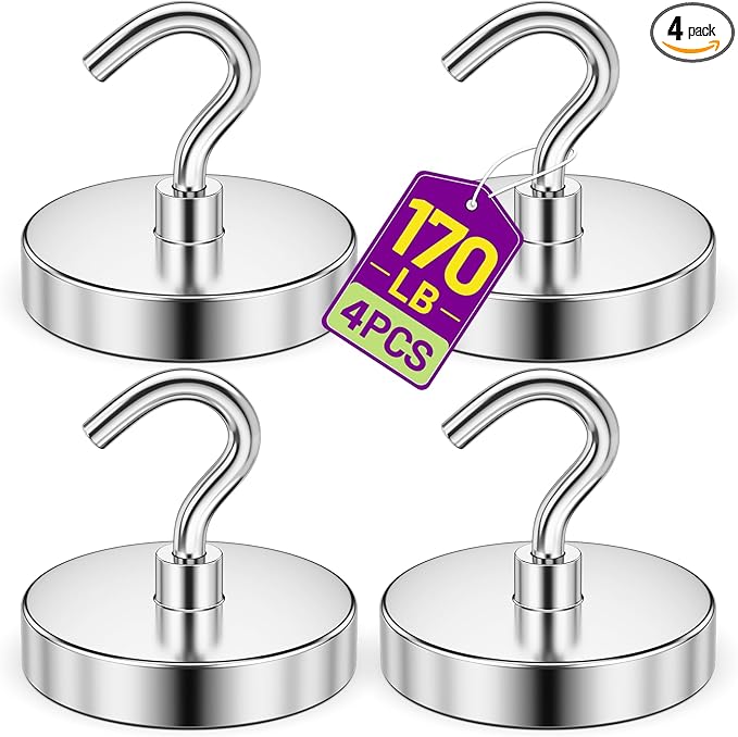 Magnetic Hooks, 170lbs Strong Magnet Hooks for Cruise Cabin, Strong Magnets Heavy Duty, Magnetic Key Holder for Fridge, Kitchen, Grills, Office, Classroom, 4 Pack, Silver