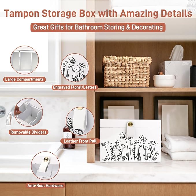 100% Solid Wood Tampon Holder Box with Lid, Copper Leather Pull, Absolute Real Wood Bathroom Decorative Box for Feminine Product Storage and Accessories such as Tampons, Cotton Balls, Gifts for Women