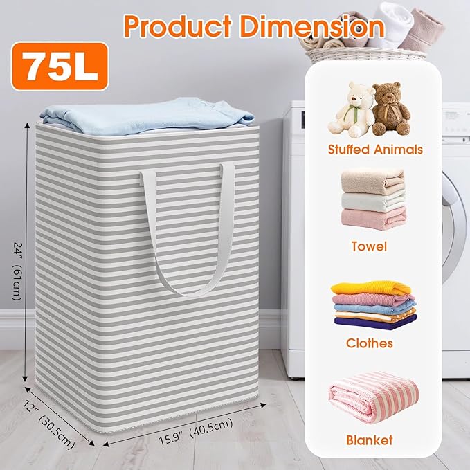 3 Pack Laundry Hamper, Waterproof & Freestanding Large Laundry Basket, Collapsible Clothes Hampers with Easy Carry Long & Reinforced Handles in Bedroom Bathroom, College Dorm(75Lx3, Gray)