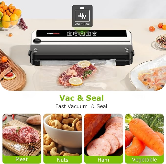 Bonsenkitchen Vacuum Sealer Machine, Built-in Cutter | Multifunctional Food Sealer for Sous Vide & Meal Prep, 5 Pre-Cut Bags, Black