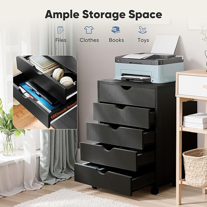 OLIXIS 5 Drawer Mobile File Cabinet Under Desk Storage Organization with Wheels Vertical Filing Chest Rolling Wood Small Desk Printer Stand for Home Office, 15.75"D x 18.74"W x 25.39"H, Black