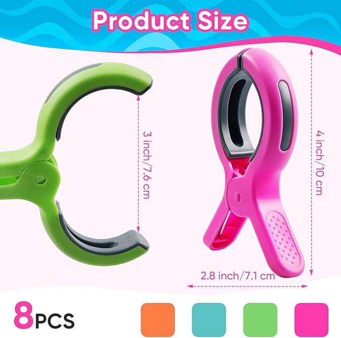 HiGift Beach Towel Clips for Beach Chairs, Towel Holder for Pool Lounge Chair Cruise Essentials, 8 Pack Jumbo Size Clothes Pins Vacation Must Have to Keep Towel from Blowing Away, 4 Bright Colors