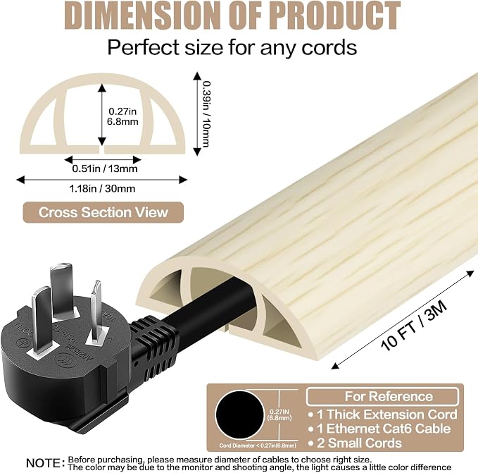 Floor Cord Cover Self Adhesive Cord Hider, 10FT Cable Management, Extension