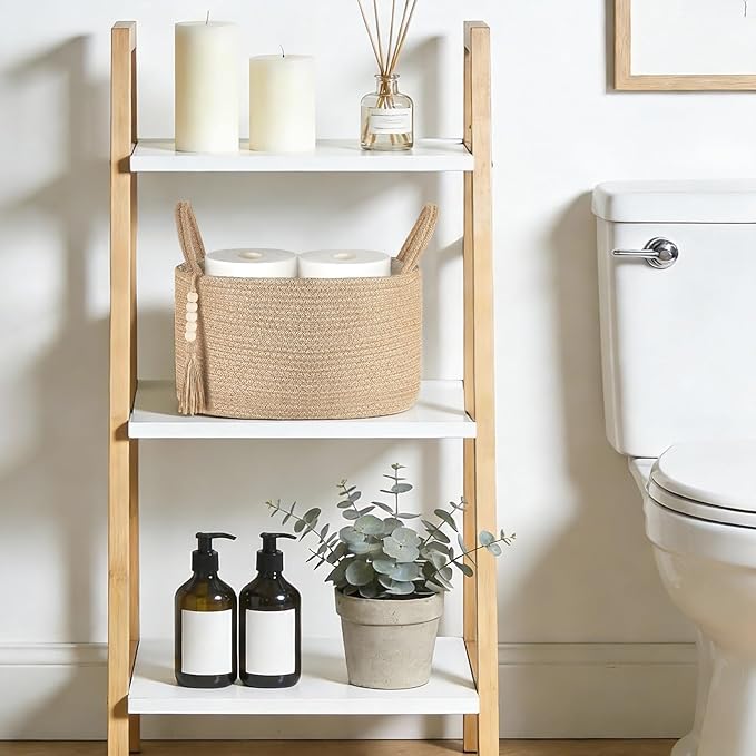 Mkono Storage Basket for Toilet Tank Top Boho Bathroom Decor Woven Rope Toilet Paper Tray Organizer for Shelf Bedroom Living Room, Jute, 13" L x 10" W x 9"H