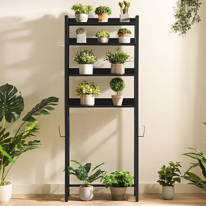 Over The Toilet Storage Rack, 4 Tier Bathroom Organizer Over Toilet, Freestanding Space Saver Toilet Stand with 2 Hooks, Bathroom Storage Shelf, Easy to Assemble, Black TSHB0401