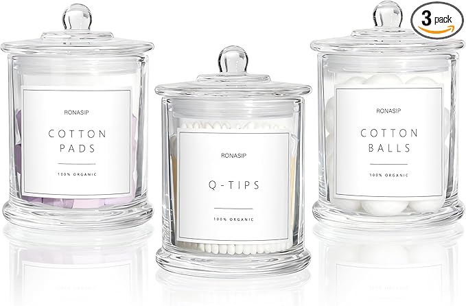 3 Pack Qtip Holder Dispenser, 16oz Bathroom Organizer and Storage Canisters, Glass Apothecary Jars with Lid - Home Decor, Room Decor Aesthetic(Transparent)