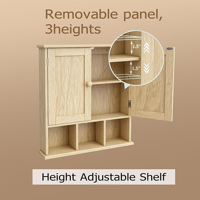 TaoHFE Natural Wooden Color Bathroom Wall Cabinet with 2 Door Adjustable Shelves,Over The Toilet Storage Wall Mounted Medicine Cabinets for Bathroom Laundry Room Kitchen