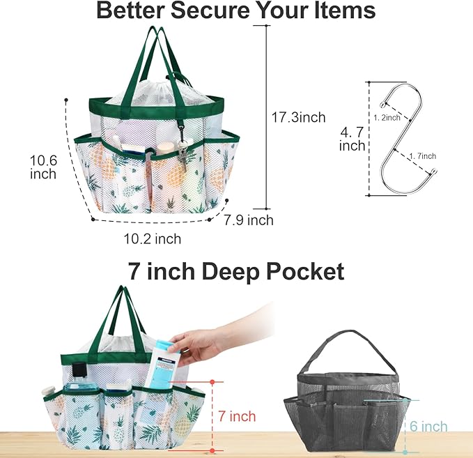 F-color Mesh Shower Caddy Portable with Drawstring - Large 8 Pockets Dorm Room Essentials for Guys Girls with S Hook, Shower Bag Basket Tote for College Camping Gym Travel Bathroom, Green Pineapple
