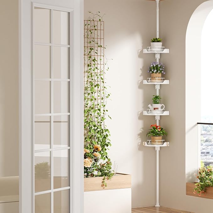 360° Rotating Corner Shower Caddy Tension Pole Organizer - 4-Tier Adjustable Rustproof Metal Pole, Plastic Shelves with Safety Guardrail, Bathroom Storage for Shower & Bathtub(White)