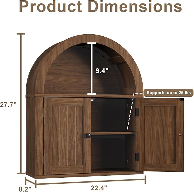 ChooChoo Arched Wall Cabinet, Bathroom Cabinet Wall Mount Over The Toilet with Display Shelf, Double Door Medicine Cabinet, Wooden Storage Cabinet for Kitchen, Living Room or Entryway, Walnut