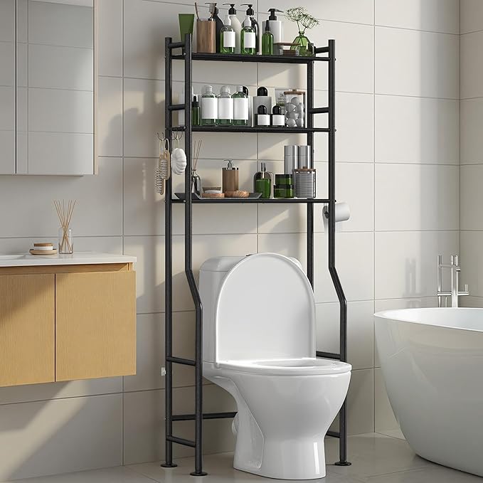 3-Tier Over The Toilet Storage with Paper Holder, Metal Bathroom Organizers and Storage for Small Space, Freestanding Bathroom Shelves with 4 Hooks, Above The Toilet Storage Shelf (Black)