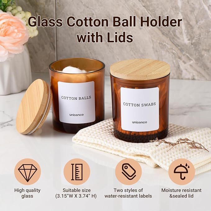 Glass Qtip Holder 2 Pack , Qtip Holder Dispenser Bathroom Set Bathroom Organizers and Storage Q tip Holder with Lid Makeup Storage Organizer for Cotton Swabs,Cotton Balls,Pads ,Amber